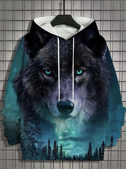 2025 Fashion Men's Autumn Wolf Printed Comfortable Soft Hooded Sports Shirt Outdoor City Street Top