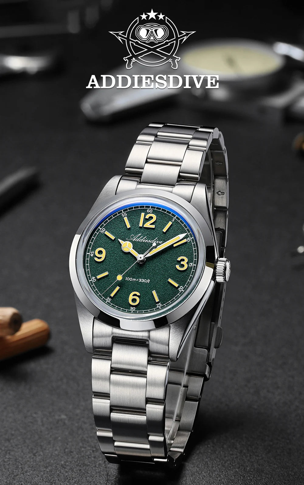 ADDIESDIVE 36mm Hot Sale Men's Watch AD2518 Bubble Mirror Glass 316L Stainless Steel Reloj Hombre 100m Waterproof Quartz Watches
