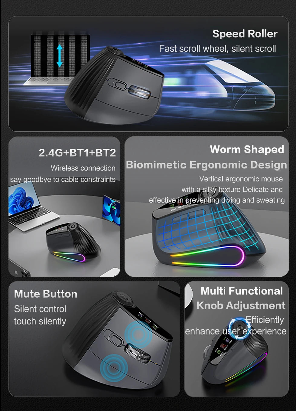 Jomaa RGB podświetlana bezprzewodowa pionowa mysz Speed Roller z pokrętłem regulacji funkcji, Bluetooth USB, ergonomiczna, ciche kliknięcie