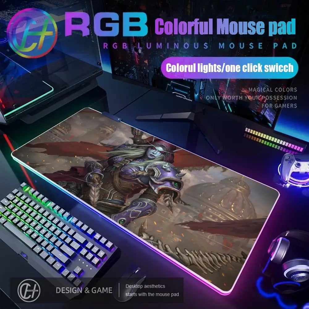 World of Warcraft Sylvanas Mouse Pad RGB Gaming Mouse Pad Desk Mat HD Gamer Large LED Light XXL MousePads PC Computer Carpet