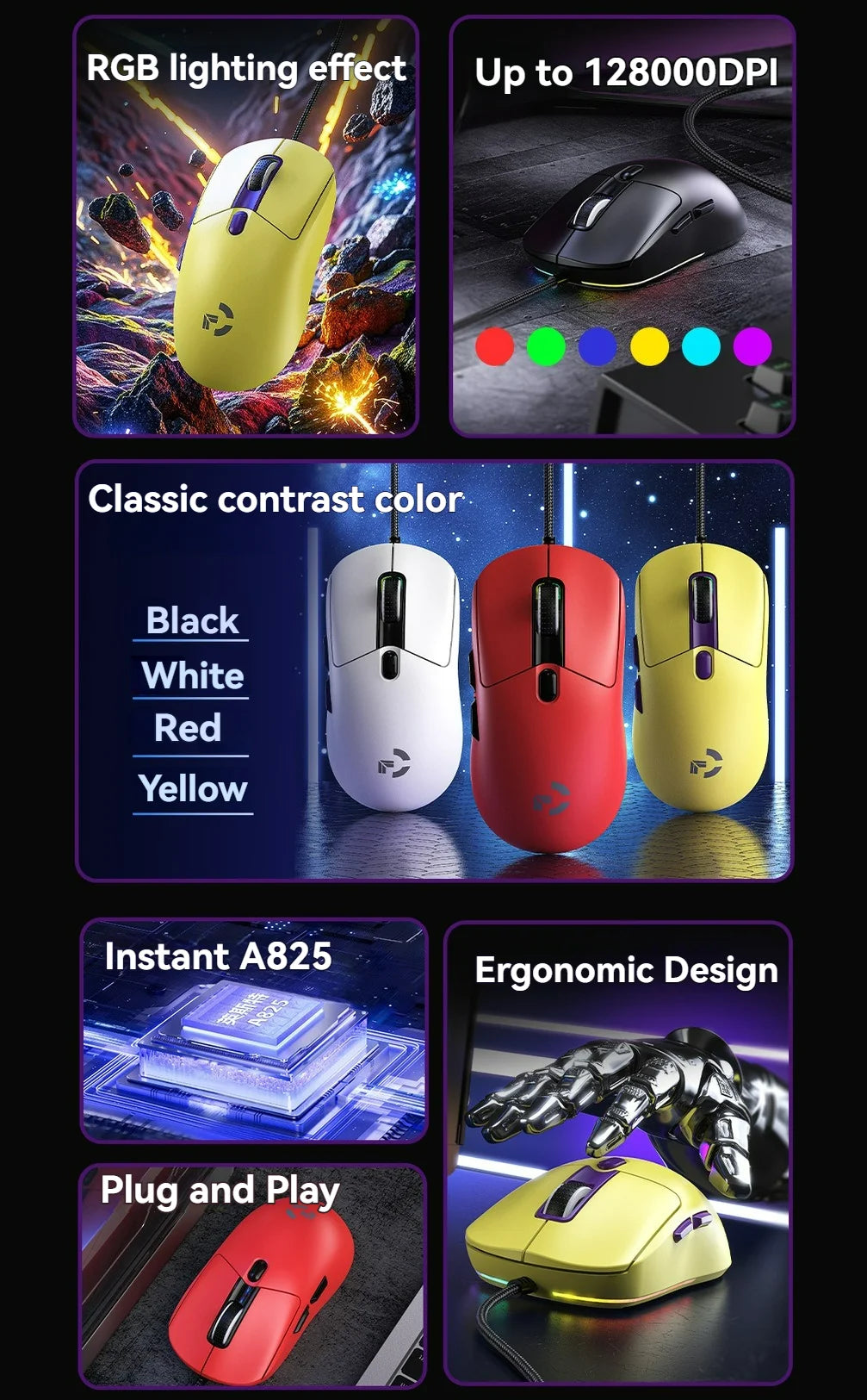 Langallinen pelihiiri, 6 DPI-tasoa, säädettävissä jopa 12800DPI:hin, Instant A825 -siru, RGB-makro-ohjelmointi, ergonominen muotoilu, universaali hiiri