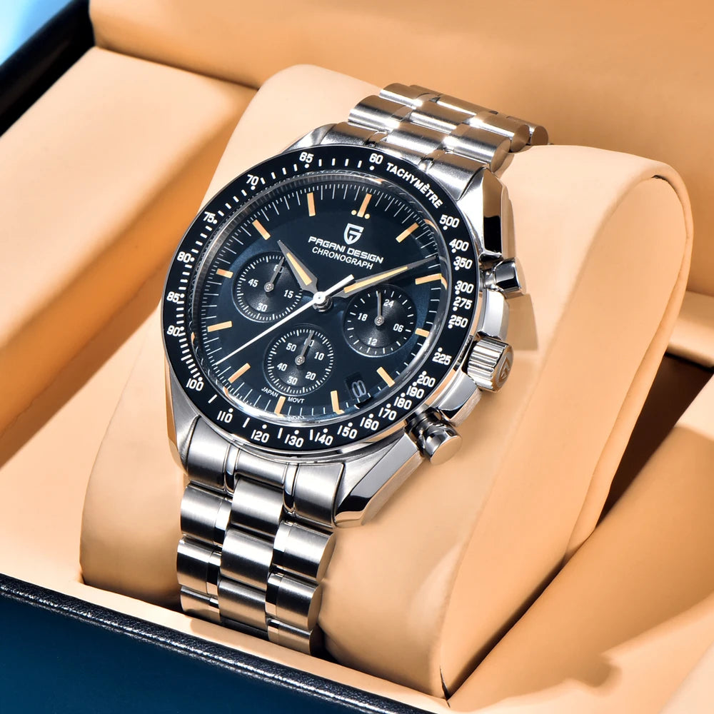Pánske hodinky PAGANI DESIGN „New Moon“ – luxusné quartzové hodinky, chronograf, zafírové sklo s antireflexnou úpravou, keramický rámček, luminiscenčné ručičky