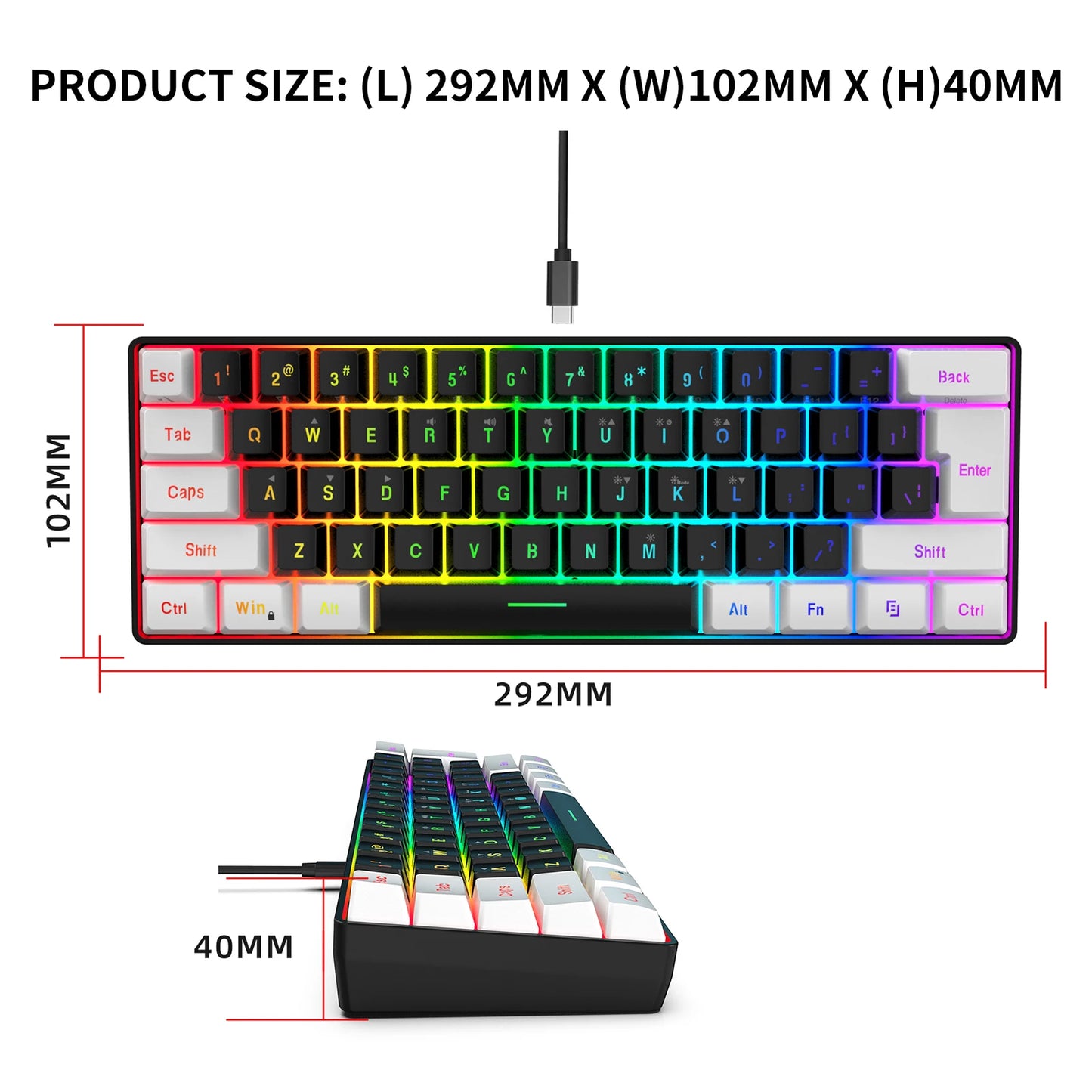 HXSJ USB Computer Keyboard and Mouse Kit with 61-Key Wired RGB Backlight Wired Gaming Mouse Colorful LED Lighting for PC Laptop