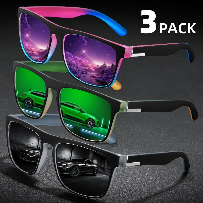3Pcs Fantasy Gradient Mutipcolor Square Polarized Sunglasses AntiGlare UV400 Glasses Summer Party Driving Fishing Christmas Gift
