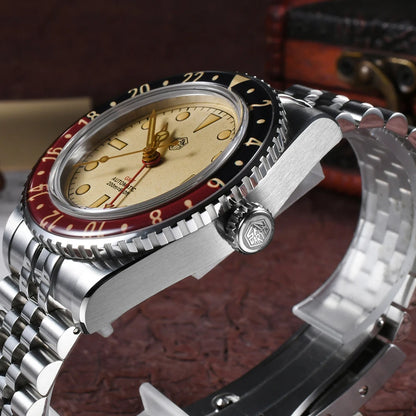 San Martin 40mm SN0005 Retro GMT NH34 Automatic Distressed Patina Dial Bi-color Sapphire Bezel Jubilee Mens Watches 20Bar Lume