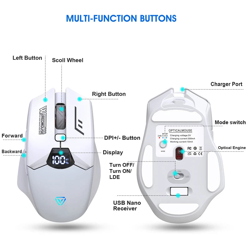 Rato Bluetooth Sem Fios de Modo Duplo com Ecrã Inteligente, Carregamento Silencioso, para Escritório, Gaming e Tablet, Portátil e Universal