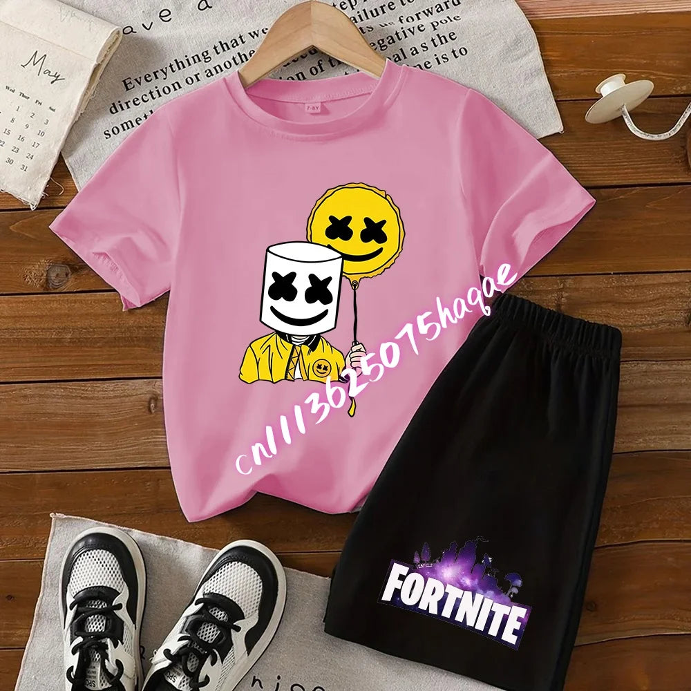 Summer FortnitesT-shirt Shorts for Boys Girl Tee Pants Set 2pcs Children Clothing Tops T-shirts Fortress Night Print Tees Gift