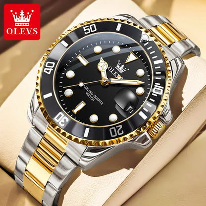 Montre pour homme OLEVS 5885 – Modèle authentique, bracelet en acier, calendrier, mouvement à quartz, livrée dans un coffret cadeau de luxe