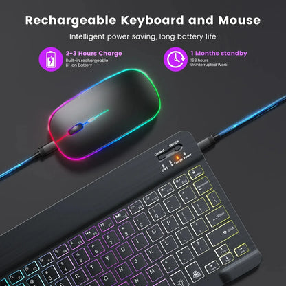 Mini-RGB-Tastatur mit Hintergrundbeleuchtung, 10 Zoll, Bluetooth, kabellose Maus, wiederaufladbar, für Spanisch, Russisch, Hebräisch, Koreanisch, Französisch, Arabisch, Portugal