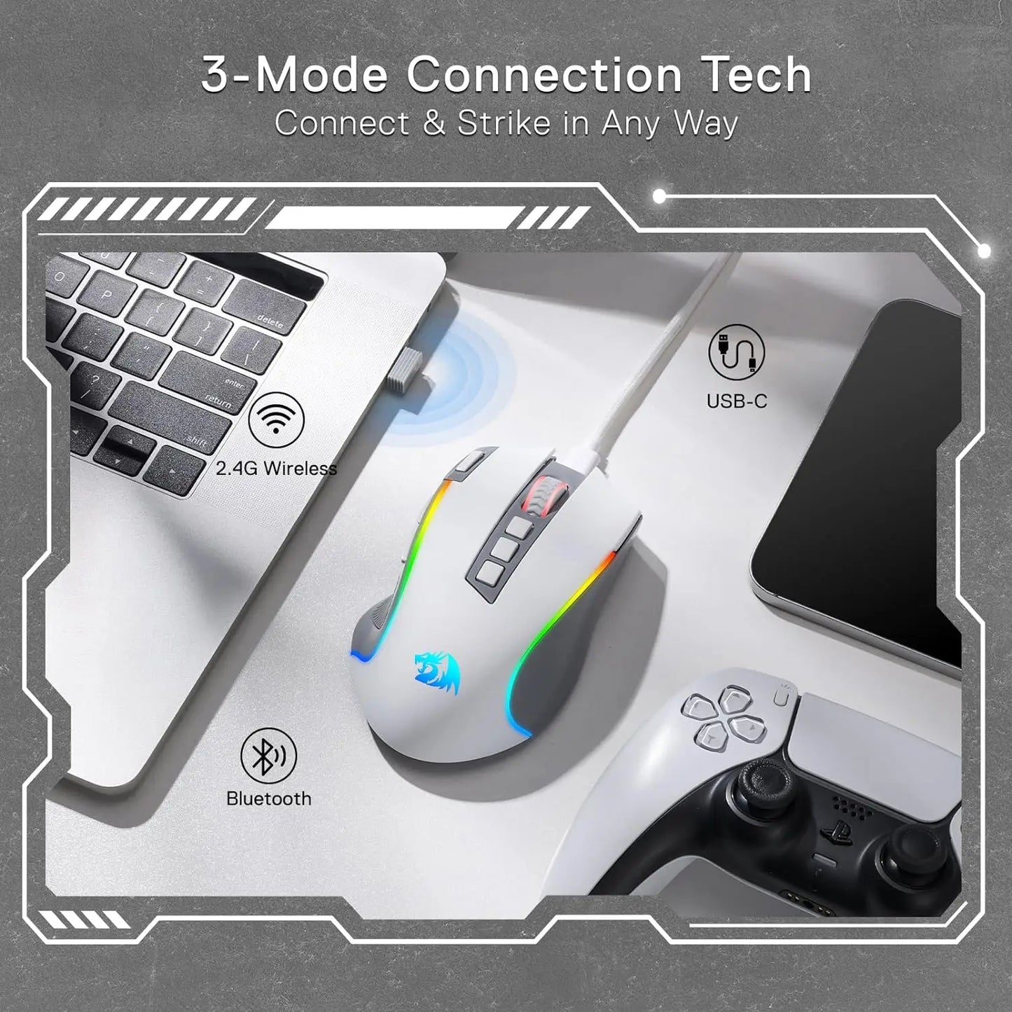 Mouse gaming Redragon M612 PRO RGB BT 2.4G, optic wireless, 8000 DPI, 9 butoane programabile, 7 moduri de iluminare, B