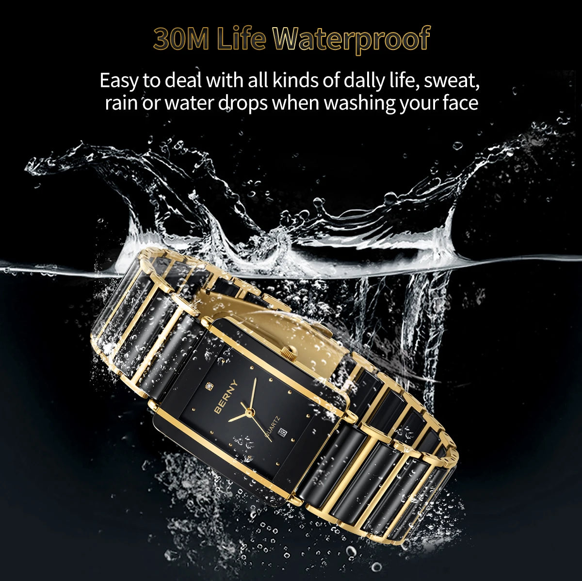 BERNY Ceramic Quartz Men Watch Fashion Luxury Rectangle Wristwatch XV12 Waterproof Calendar Diamon Black Gold Couple Gifts Watch