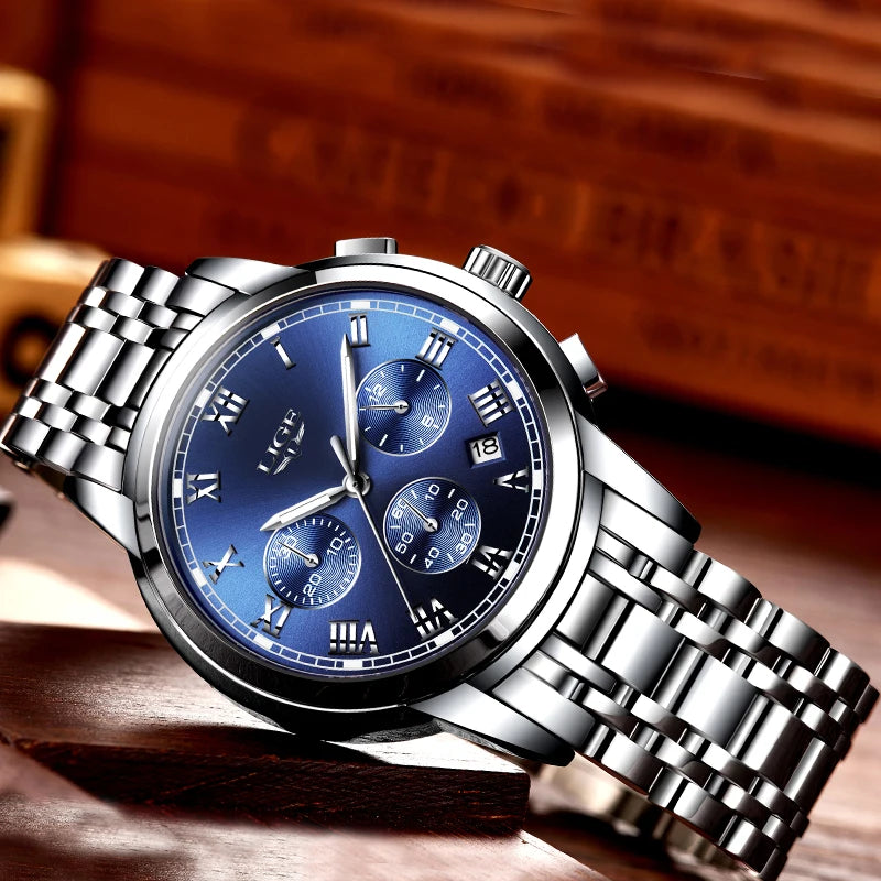 Pánske hodinky LIGE – luxusný chronograf, ležérny športový štýl, vodotesné, celokovové, quartzový strojček