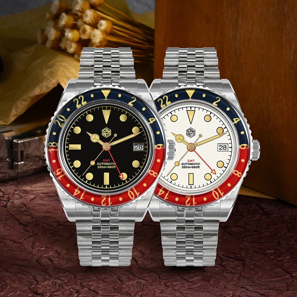 San Martin 40mm SN0005 Retro GMT NH34 Automatic Distressed Patina Dial Bi-color Sapphire Bezel Jubilee Mens Watches 20Bar Lume