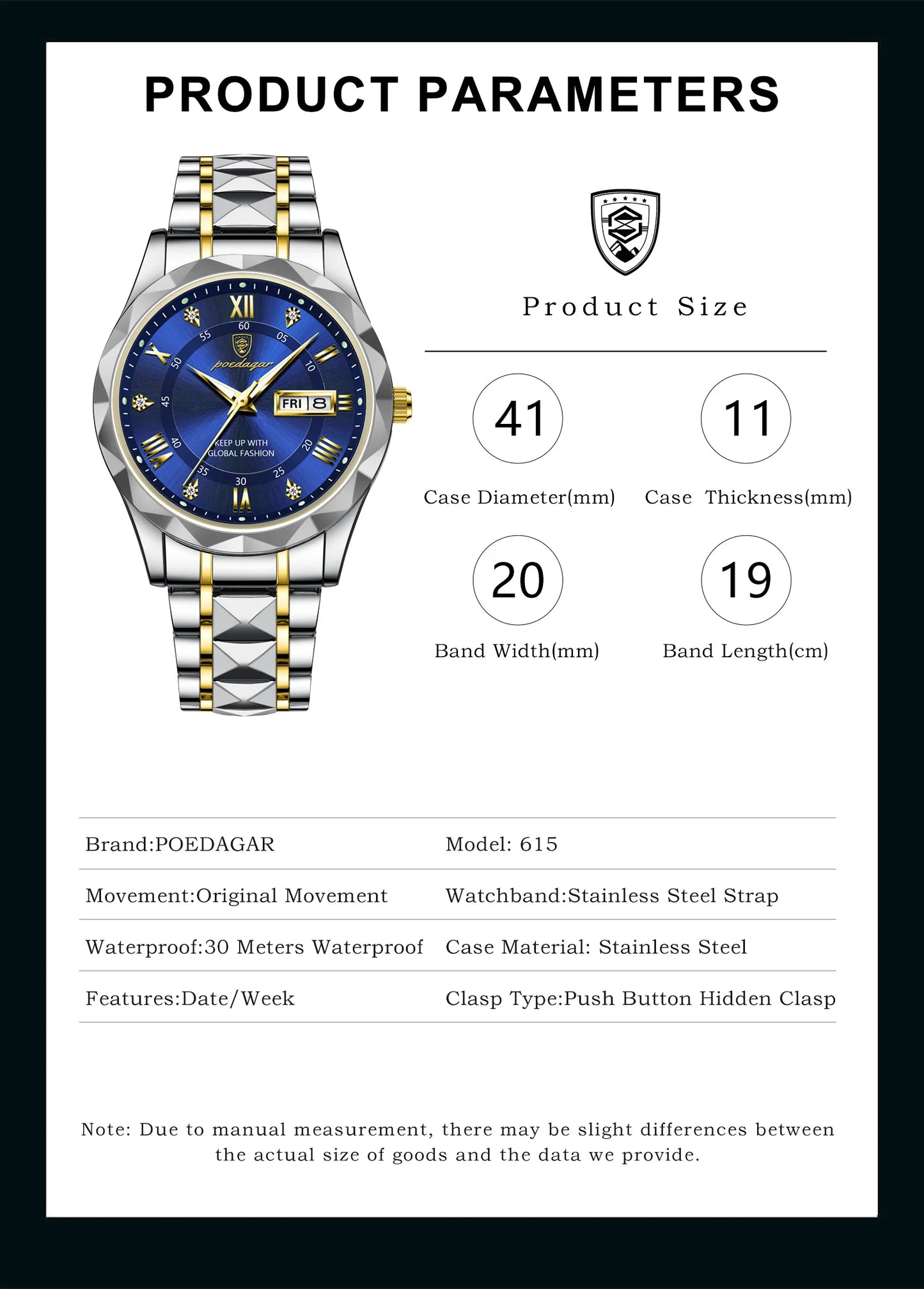POEDAGAR Luxury Business Men's Watches Waterproof Stainless Steel Luminous Man Wristwatch Date Week Quartz Sport Men Watch Reloj