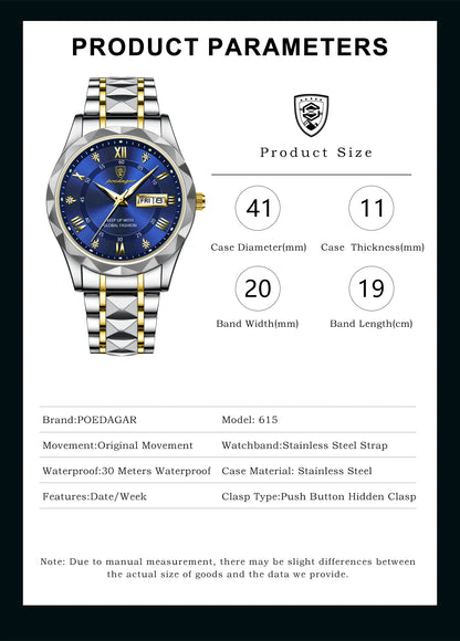 POEDAGAR Luxury Business Men's Watches Waterproof Stainless Steel Luminous Man Wristwatch Date Week Quartz Sport Men Watch Reloj