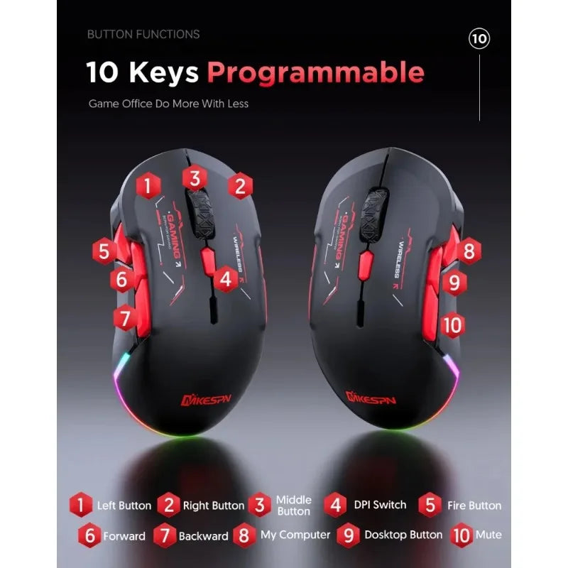 MKESPN W12 10-Tasten-Makro-Gaming-Maus, beidhändig, kabellos, Bluetooth, Mehrkanal, Tri-Mode, großes RGB, ergonomisch, beidhändig