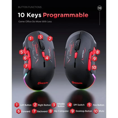 MKESPN W12 10-Tasten-Makro-Gaming-Maus, beidhändig, kabellos, Bluetooth, Mehrkanal, Tri-Mode, großes RGB, ergonomisch, beidhändig