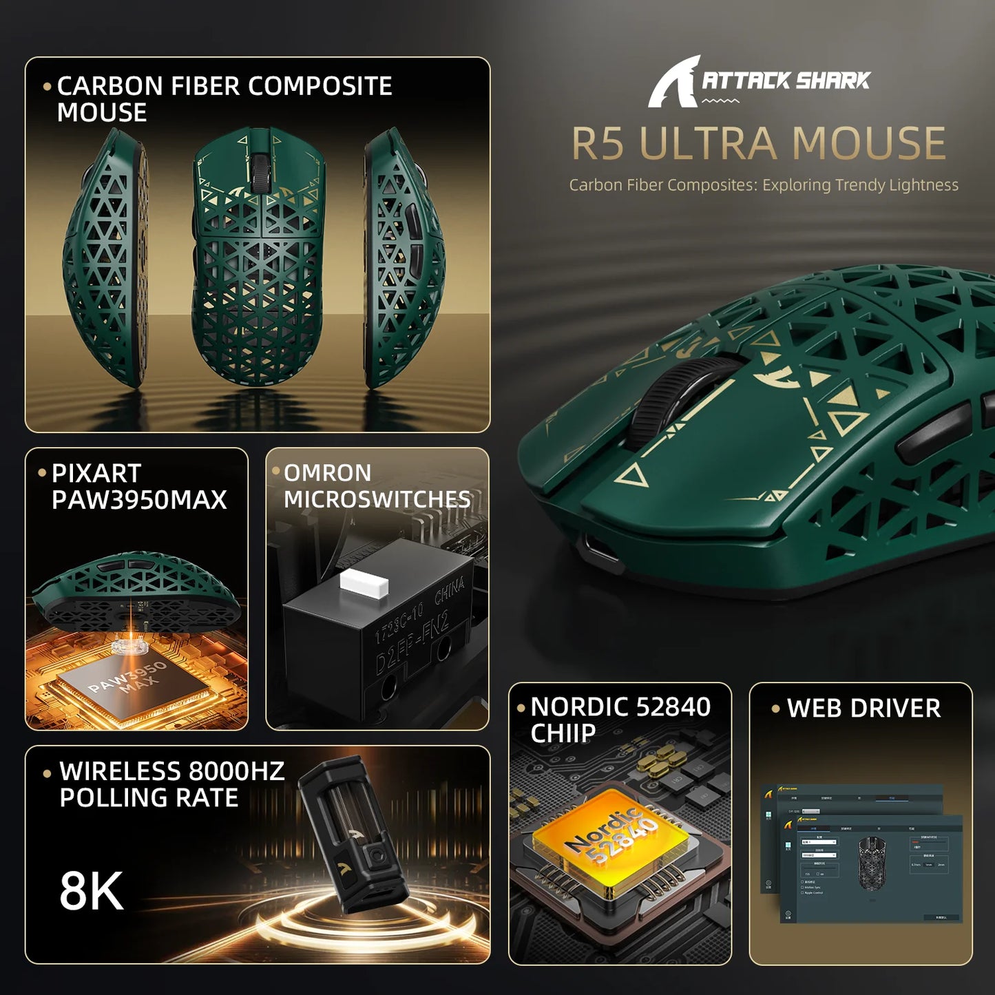 Mouse de gaming wireless ATTACK SHARK R5 Ultra Carbon Fiber, senzor de gaming PixArt PAW3950MAX, 42000DPI, 8000Hz, MCU Nordic 52840