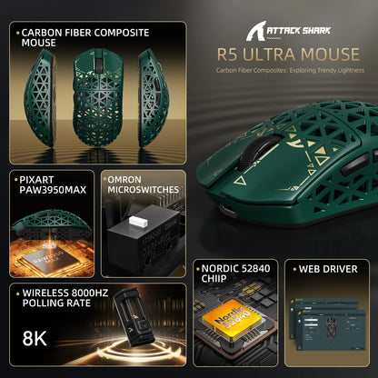 Mouse de gaming wireless ATTACK SHARK R5 Ultra Carbon Fiber, senzor de gaming PixArt PAW3950MAX, 42000DPI, 8000Hz, MCU Nordic 52840
