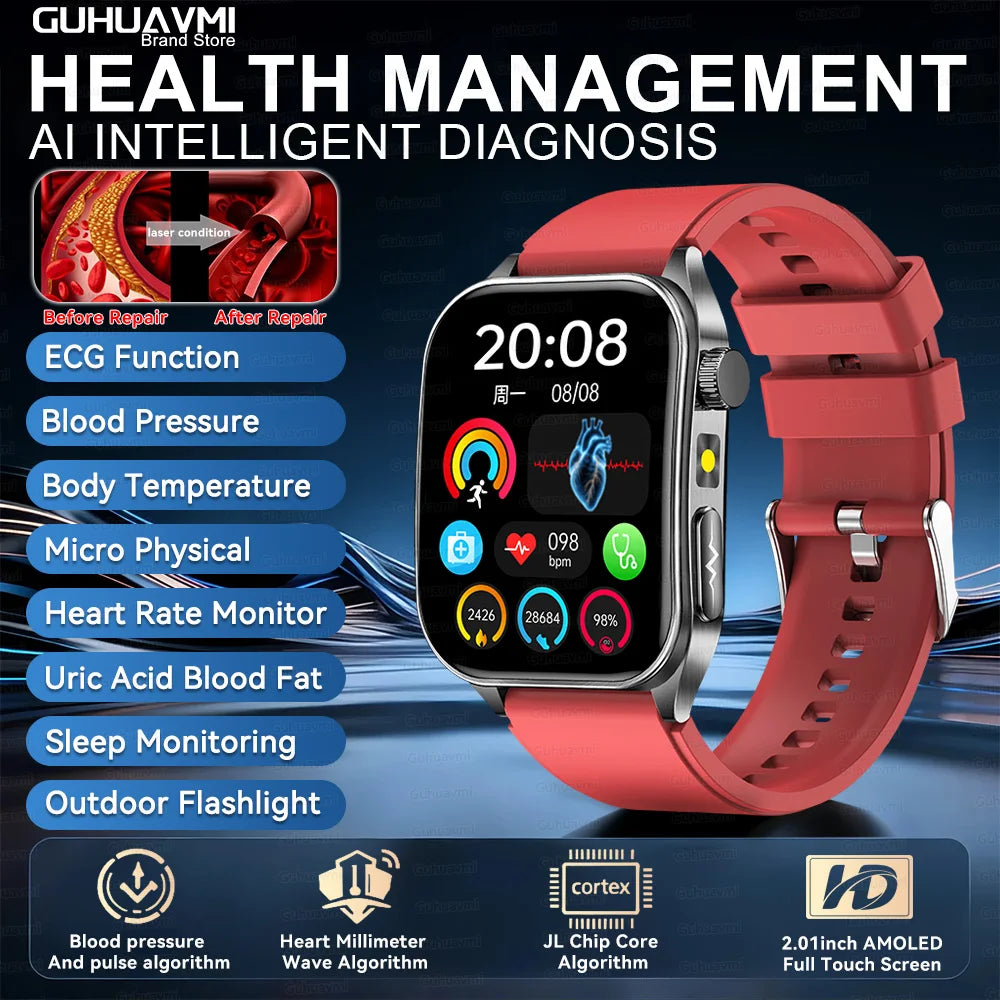 2026 New 650nm Laser Therapy Blood Fat Uric Acid Blood Pressure Smart Watch ECG+PPG Precise Health Monitor Smartwatches For Men