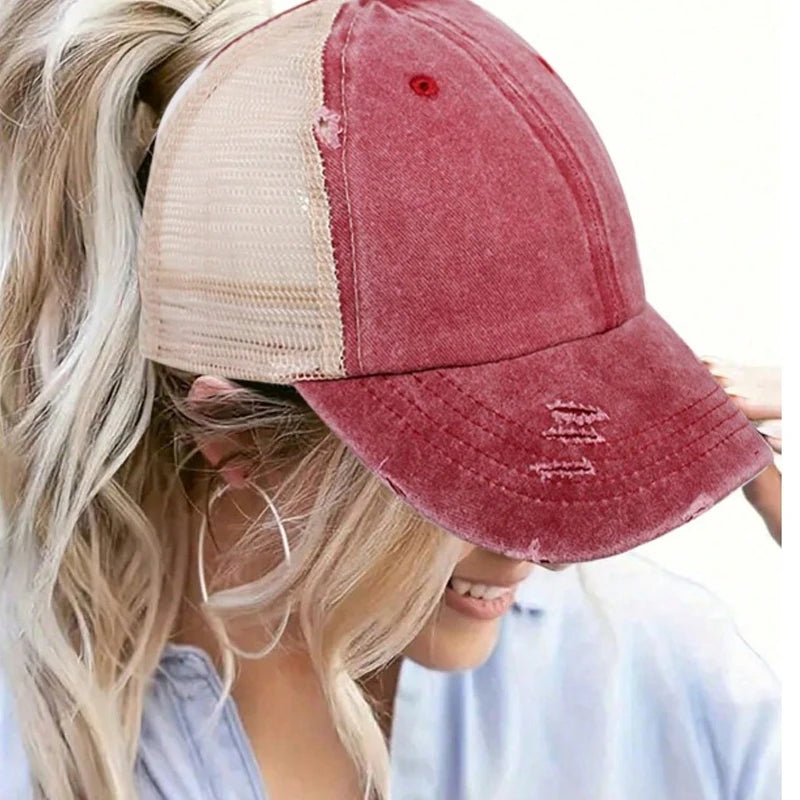 1pc Vintage Ponytail Mesh Baseball Cap,Adjustable Outdoor Sun Protection Washed Distress Trucker Hat,Suitable for Spring/Autumn