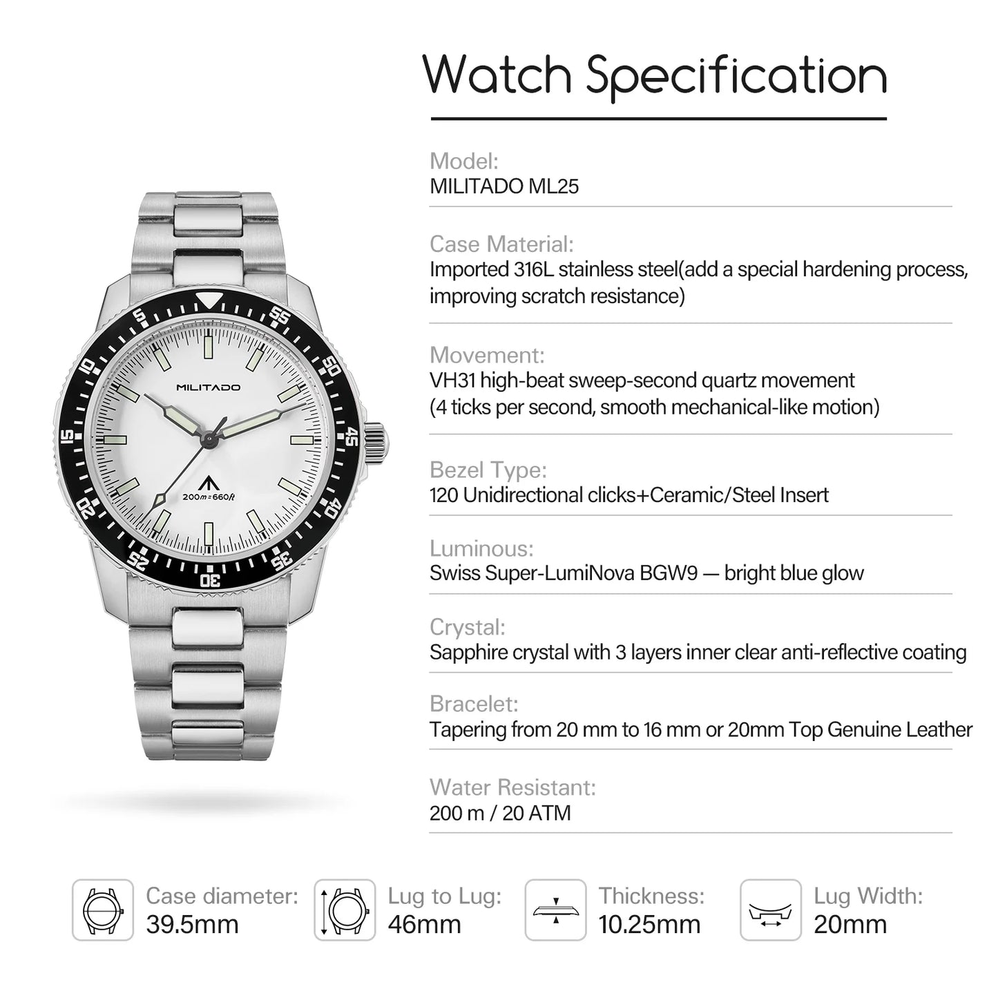 MILITADO ML25 Quartz Dive Watch VH31 Sweep Second Sapphire Crystal 200M Waterproof BGW9 Lume Ceramic Bezel Men Watch
