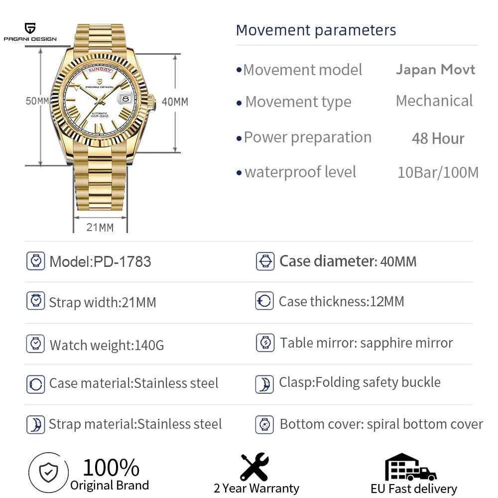 PAGANI DESIGN Men's Watches DD40 Gold White Luxury Automatic Watch Men Japan Movt Date Week Mechanical Watches For Men 2026 New