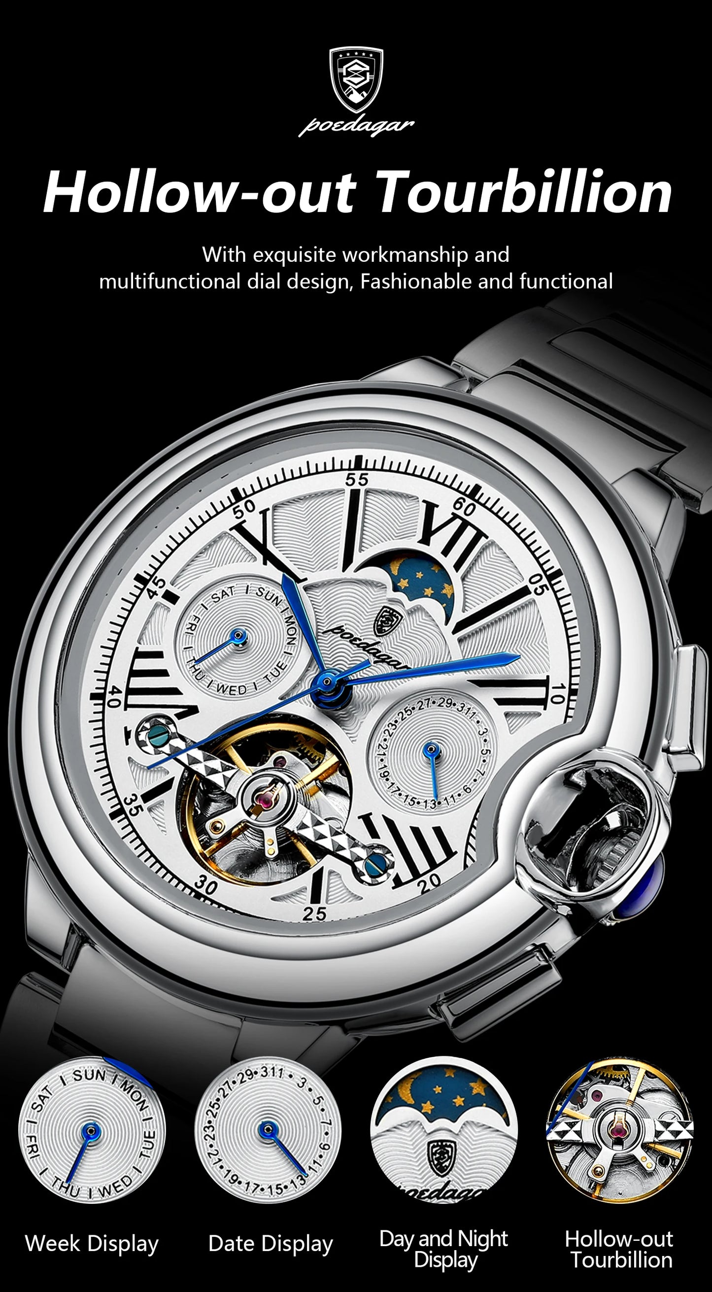 POEDAGAR Luxury Male Watch Tourbillon Date Week Stainless Steel Men Watch Waterproof Automatic Mechanical Military Men's Watches
