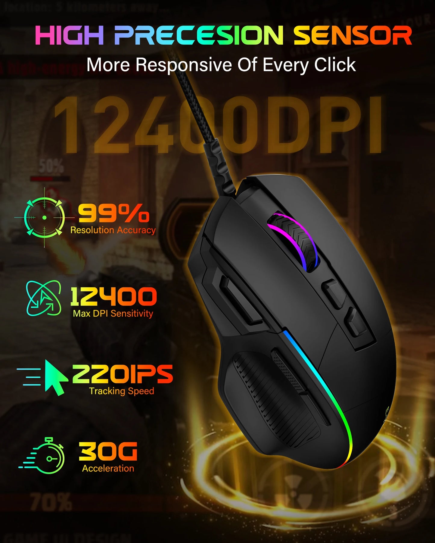 E-YOOSO X49 žični gaming miš, podesivih 12400 DPI, RGB pozadinsko osvjetljenje, 8 programabilnih tipki, ergonomski gamerski miš za PC i prijenosno računalo