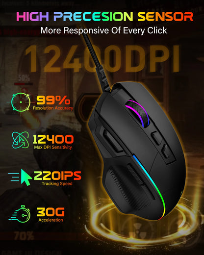 E-YOOSO X49 žični gaming miš, podesivih 12400 DPI, RGB pozadinsko osvjetljenje, 8 programabilnih tipki, ergonomski gamerski miš za PC i prijenosno računalo
