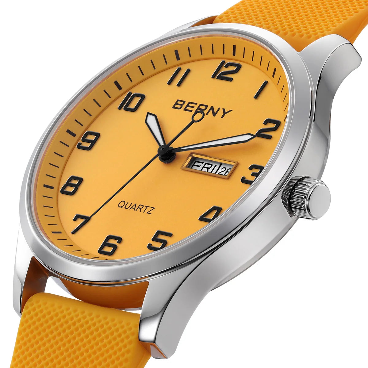 BERNY Men's Watches Luminous Calendar Week Quartz Men Watch Casual Soft Silicone Strap Easy Read Big Dial Sports Wristwatch