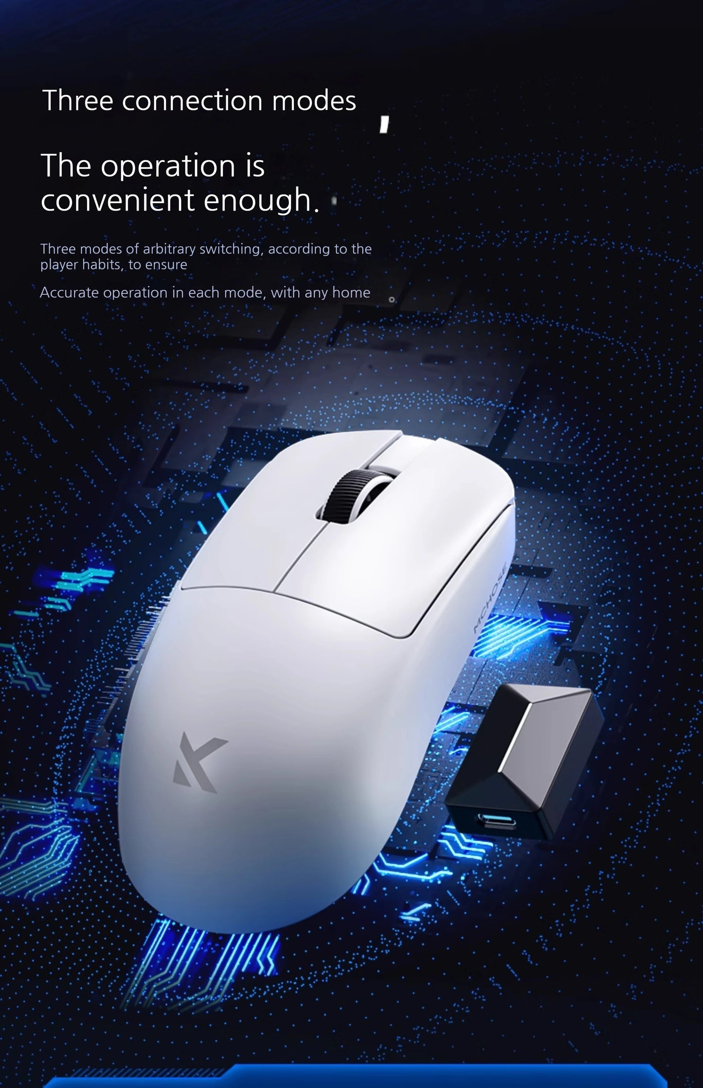 MCHOSE L7 Ultra+ közepes-nagy méretű kézre tervezett gamer e-sport egér, PAW3950, vezeték nélküli, három üzemmódú, könnyű irodai kétmeghajtós számítógépes egér