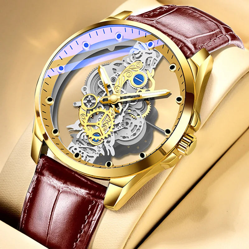 Relógio de moda para homem, modelo com abertura dupla, estilo luxuoso dourado, imitação de turbilhão mecânico, movimento de quartzo.
