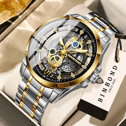Montre-bracelet à quartz vintage ajourée BINBOND pour homme, lumineuse, étanche, précise et durable, style décontracté.