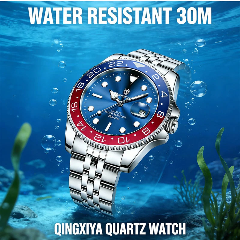 2026 New QINGXIYA Luxury Men Quartz Watches Stainless Steel Waterproof Luminous Date Watch Top Brand Men Wristwatch reloj hombre