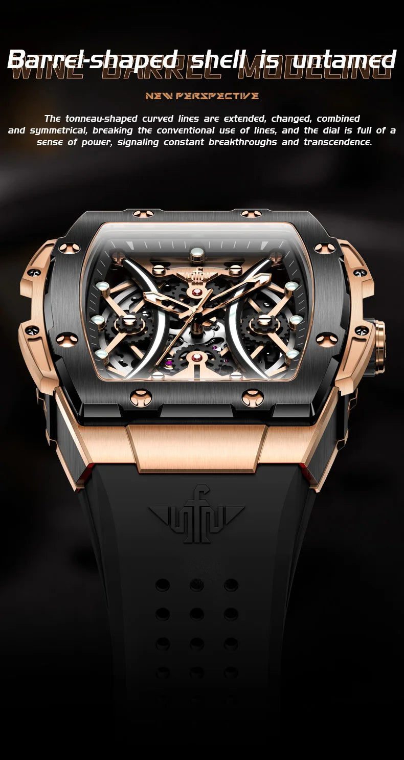 OUPINKE Men's Watches Classic Luxury Tonneau Dial Top Brand Original Automatic Mechanical Wristwatch Silicone Strap Sapphire New