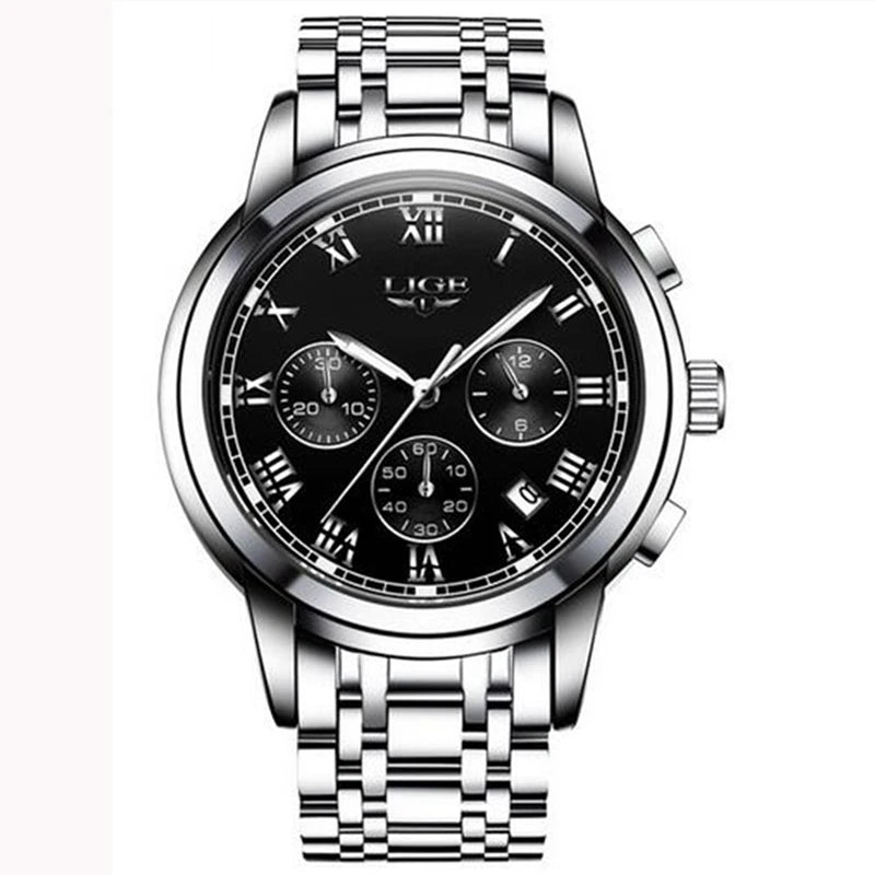 Pánske hodinky LIGE – luxusný chronograf, ležérny športový štýl, vodotesné, celokovové, quartzový strojček