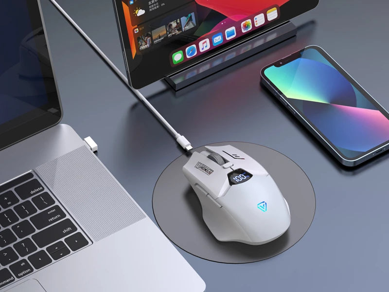 Rato Bluetooth Sem Fios de Modo Duplo com Ecrã Inteligente, Carregamento Silencioso, para Escritório, Gaming e Tablet, Portátil e Universal