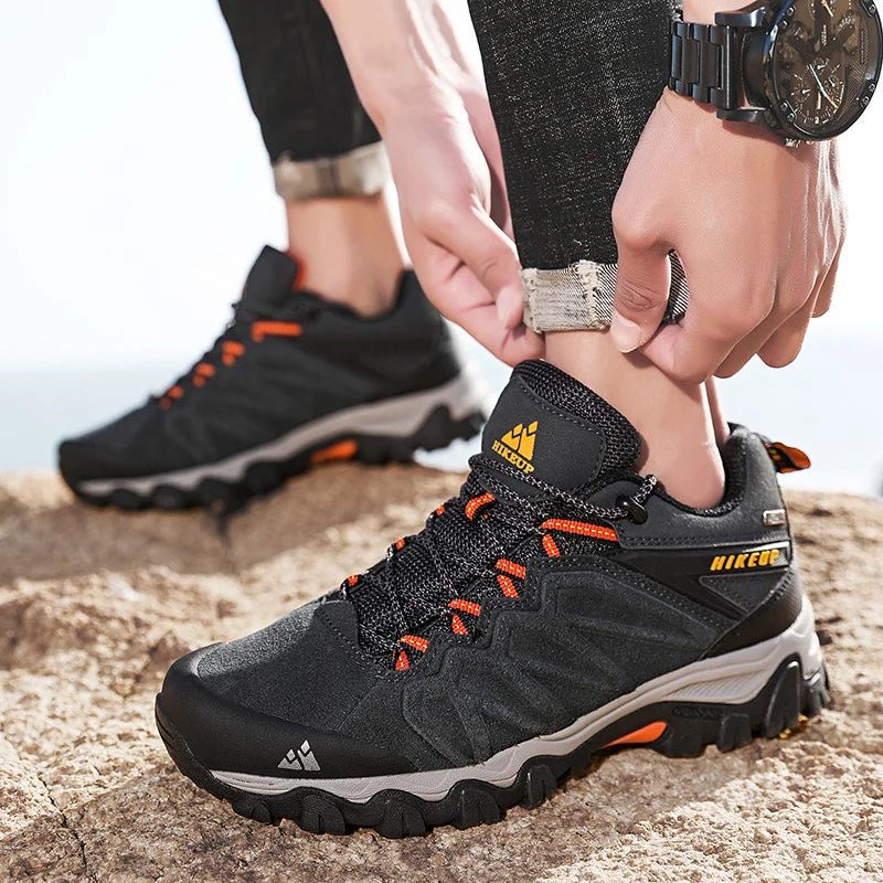 HIKEUP High-Quality Leather Hiking Shoes, Durable Outdoor Sport Men Trekking Leather Shoes, Lace-Up Climbing Hunting Sneakers