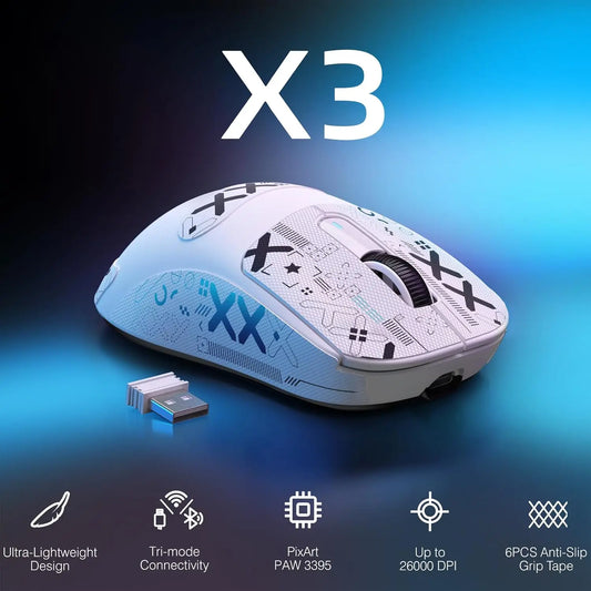 Ratón gaming inalámbrico ultraligero ATTACK SHARK X3, 49g, trimodo, sensor PAW3395 de 26K DPI, autonomía de 200h, 5 botones programables