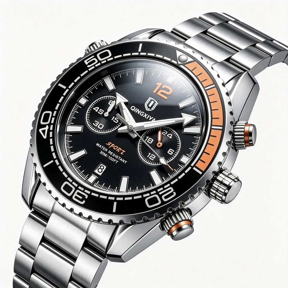 Luxus-Armbanduhr für Herren der Marke QINGXIYA, wasserdichter Sport-Chronograph mit beleuchtetem Datum, lässige Quarzuhr für Herren