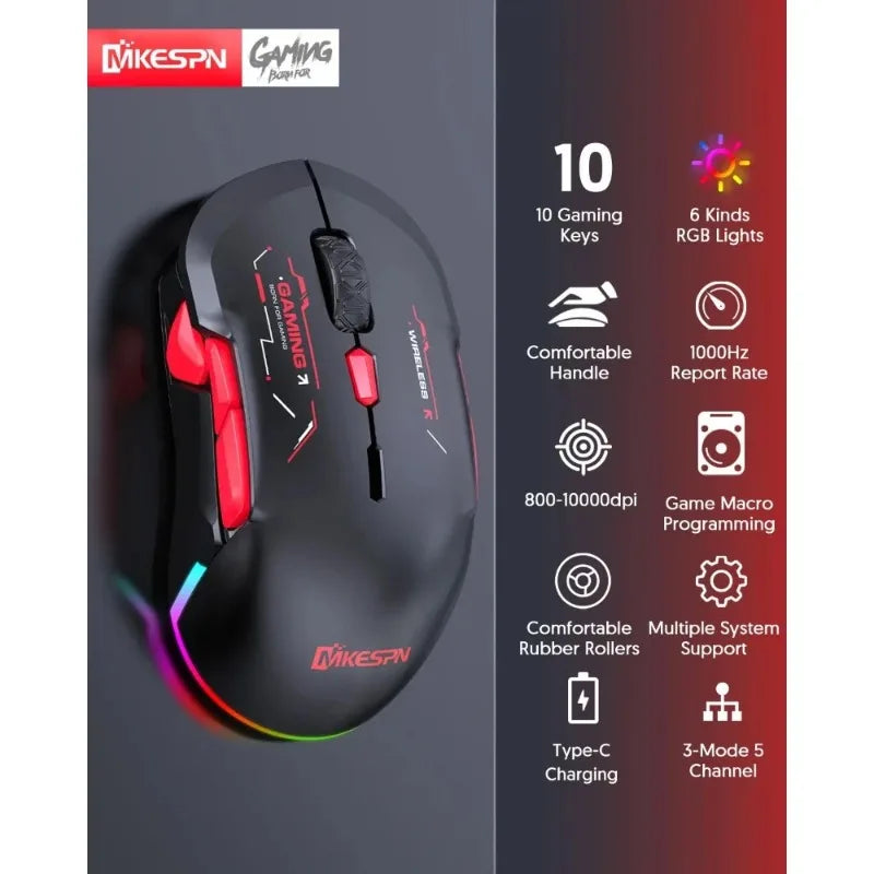 MKESPN W12 10-Tasten-Makro-Gaming-Maus, beidhändig, kabellos, Bluetooth, Mehrkanal, Tri-Mode, großes RGB, ergonomisch, beidhändig