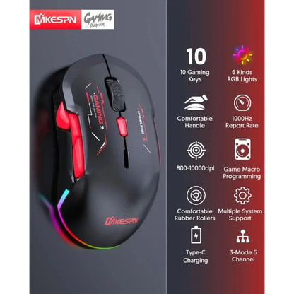 MKESPN W12 10-Tasten-Makro-Gaming-Maus, beidhändig, kabellos, Bluetooth, Mehrkanal, Tri-Mode, großes RGB, ergonomisch, beidhändig