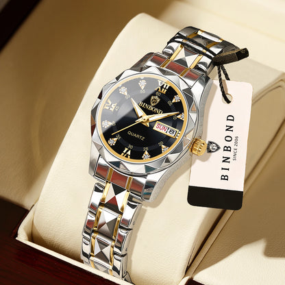 Montre pour femme BINBOND : montre à quartz robuste, luxueuse, luminescente et étanche, dotée d'un affichage précis de la date et du jour de la semaine.