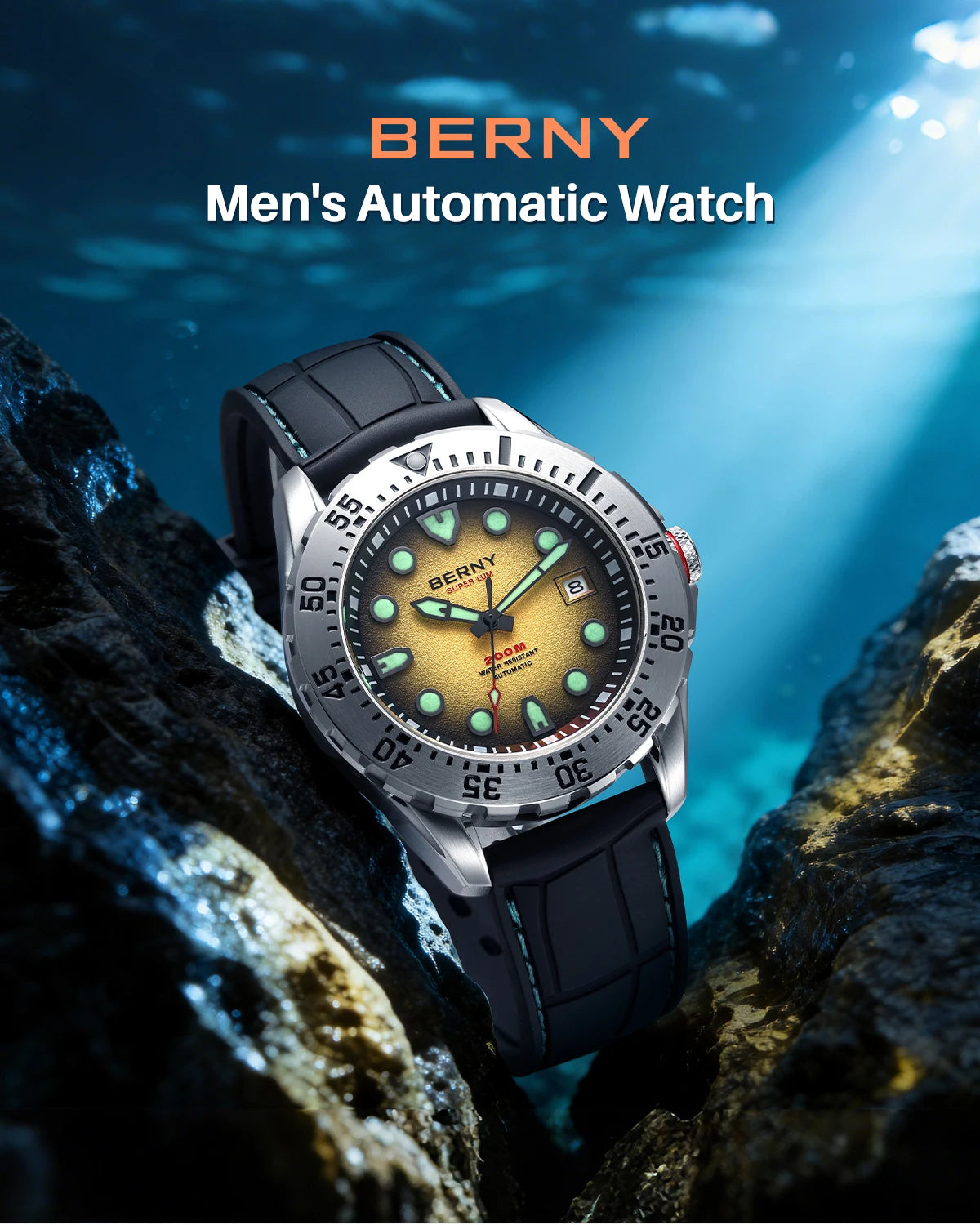 BERNY Automatic Diver Watch for Men Frosted Dial MIYOTA 8215 316L Supper Luminous Sapphire AR Fluororubber Men's Diving Watches