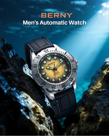 BERNY Automatic Diver Watch for Men Frosted Dial MIYOTA 8215 316L Supper Luminous Sapphire AR Fluororubber Men's Diving Watches