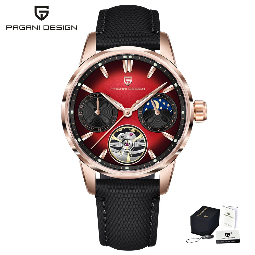 PAGANI DESIGN – Mekanisk luksusur til mænd, 41 mm, safirglas, læderrem, vandtæt, pilotstil, med tourbillon og månefase