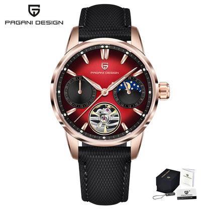 PAGANI DESIGN – Mekanisk luksusur til mænd, 41 mm, safirglas, læderrem, vandtæt, pilotstil, med tourbillon og månefase