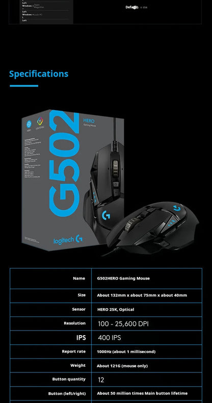 Logitech G502 HERO nagy teljesítményű vezetékes gamer egér HERO 25K érzékelővel, 25,600 DPI, RGB, állítható súlyok, 11 gomb, PC/Mac egér