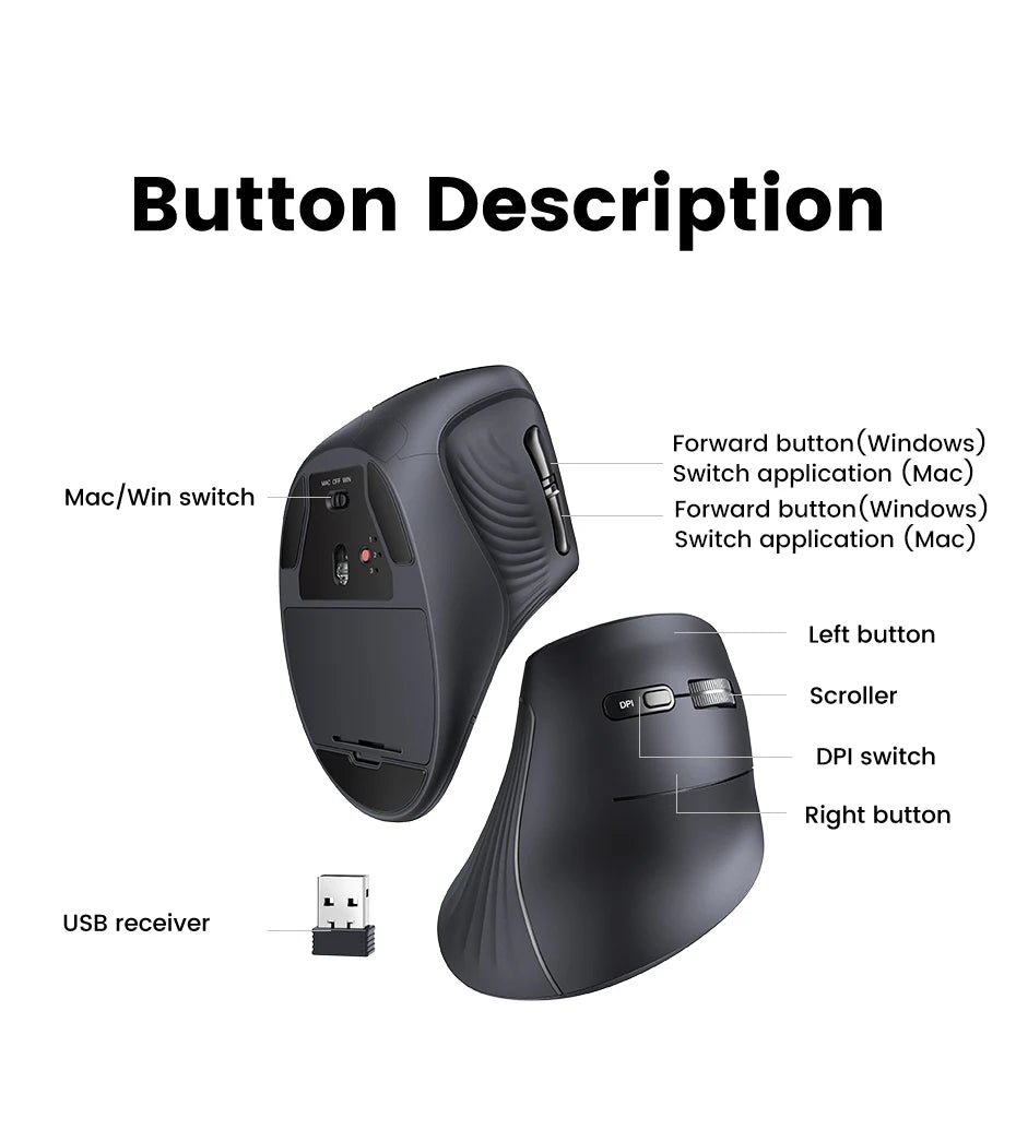 Langaton Bluetooth 5.0 2.4G -hiiri, ergonominen, 4000DPI, 6 hiljaista painiketta, MacBookille, tableteille, kannettaville tietokoneille ja PC:lle